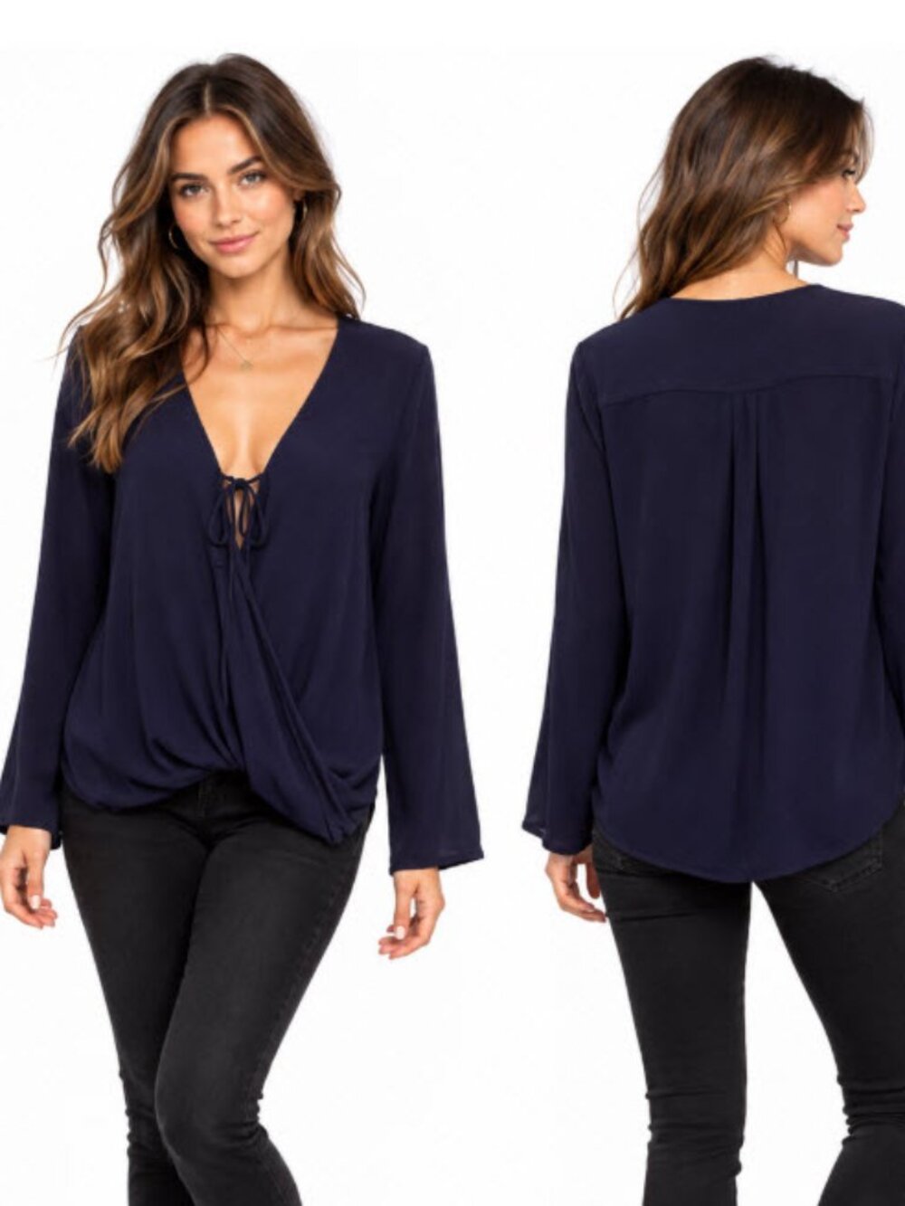 Melissa Nepton Navy Blue Silk Long Sleeve Top Size Large Women's Tie Front